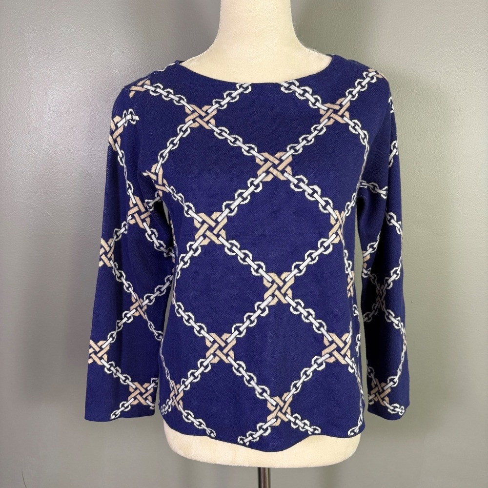 Ann Taylor Chain Print Sweater M Petite Nautical Sporty Old Money Preppy Maximal